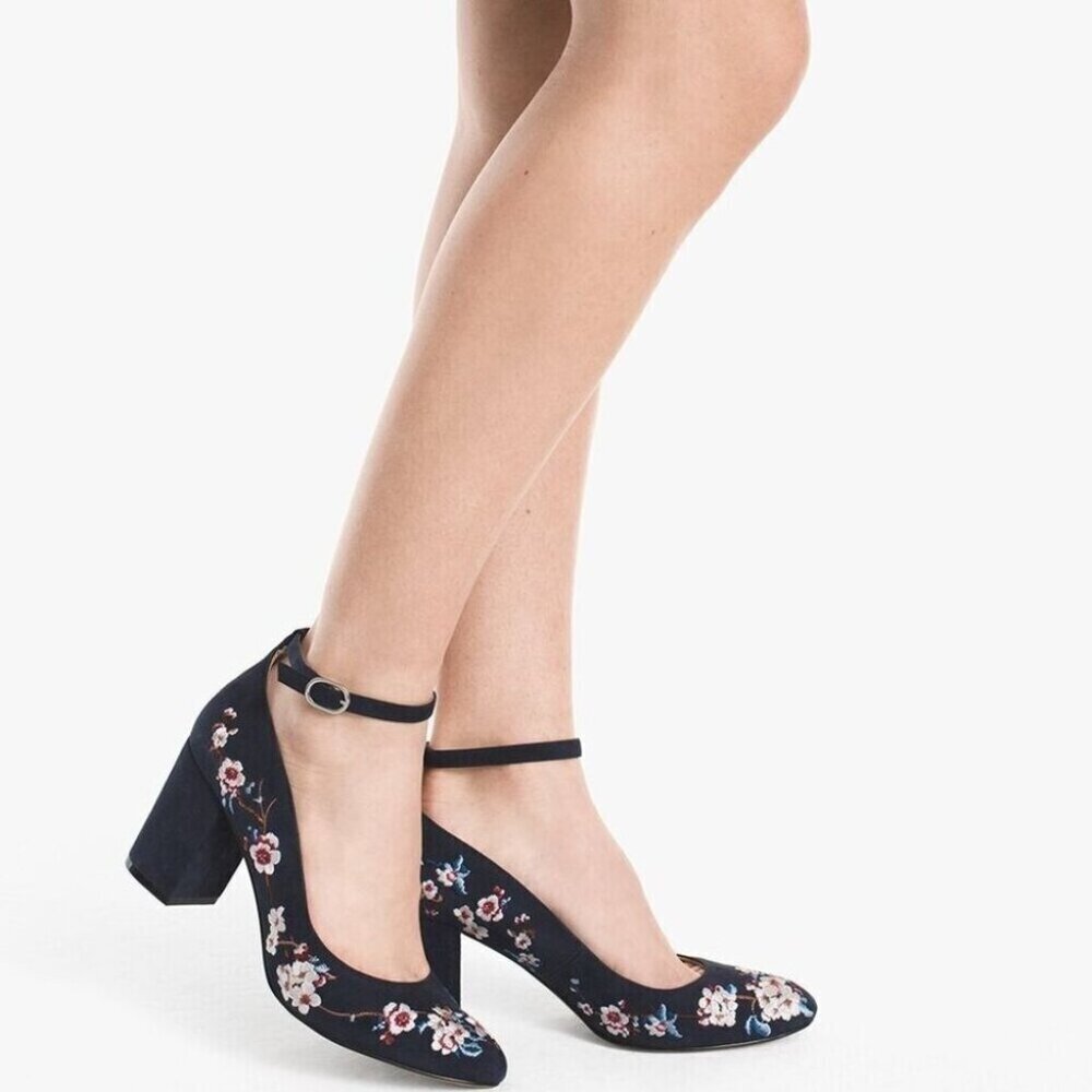 White House Black Market Womens 6.5 Bethany Suede Embroidered Floral Block Heels